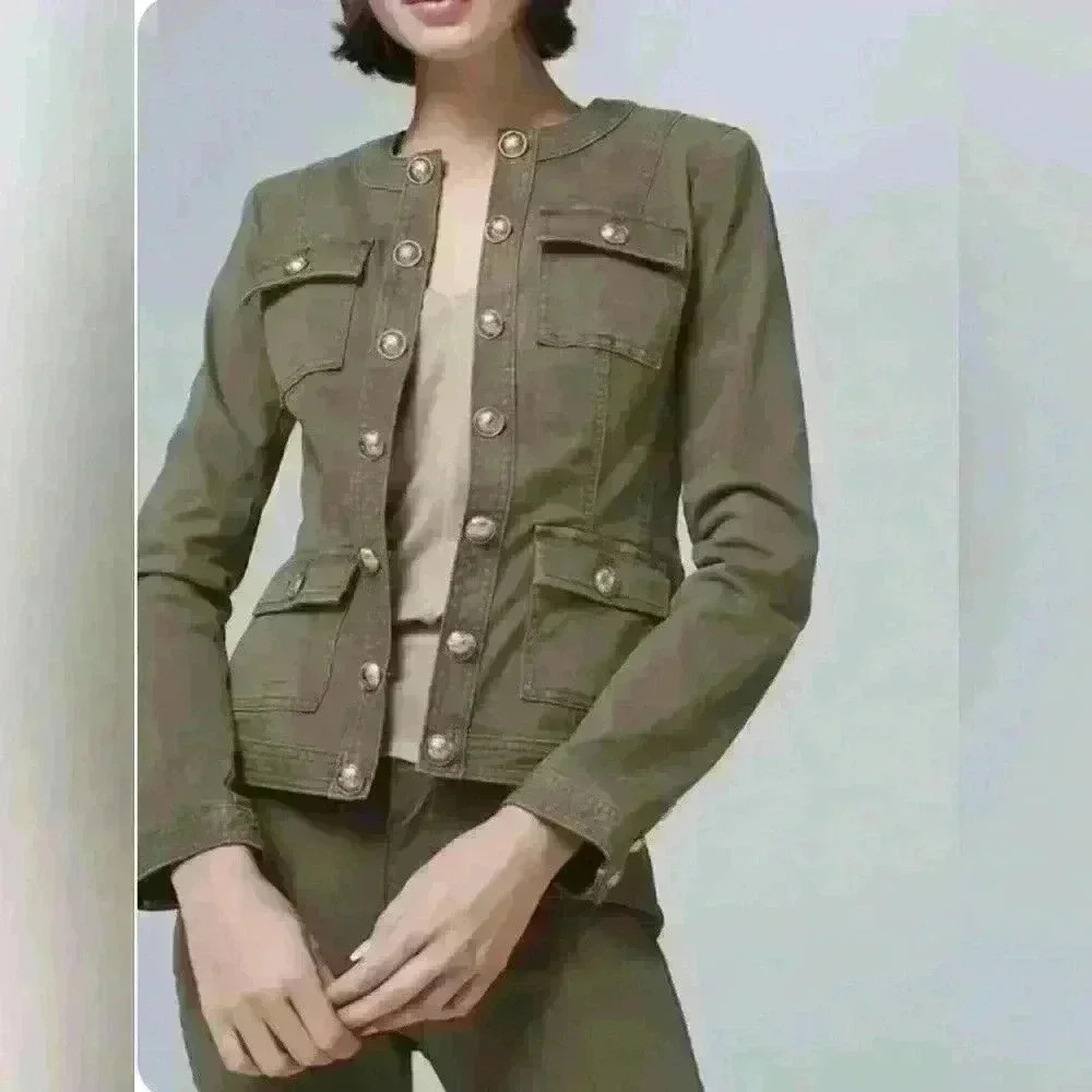 WHBM Gold Button Trim Military Jacket, Forever Olive Size 4
